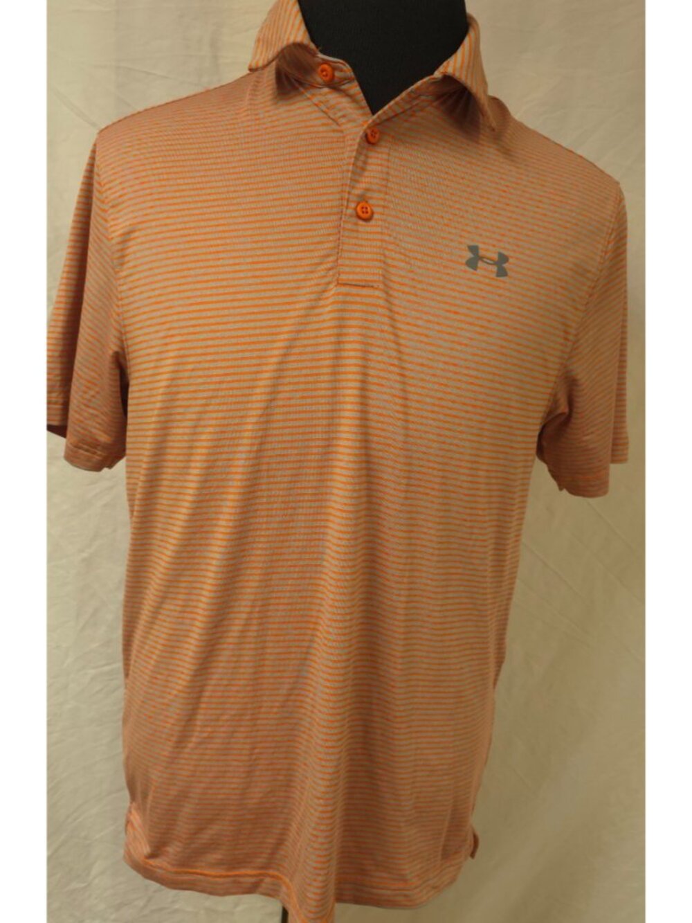 Under Armour Mens Medium Orange Grey Stripe Loose Fit Heat Gear Polo Shirt